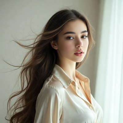 Woman in silk shirt by window