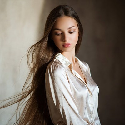 Long hair flows in soft light