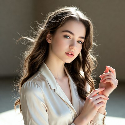 Model poses in soft light indoors