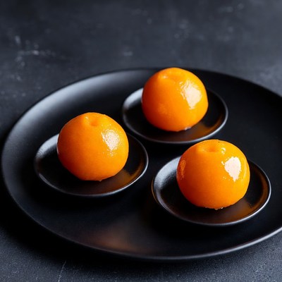 Three orange sweets on black plate