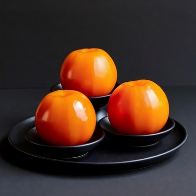 Three shiny oranges on black tray