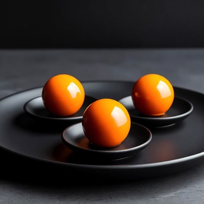 Orange spheres on black plates