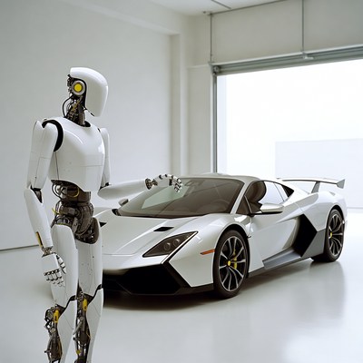 Robot stands next to white sports car