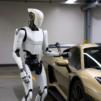 Robot near a luxury car