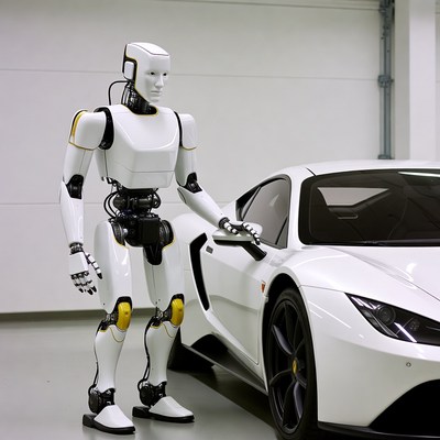 Robot interacts with car in garage