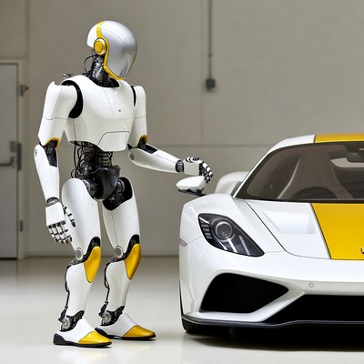 Robot with sports car in a garage