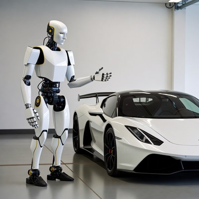 Robot and sports car together in garage