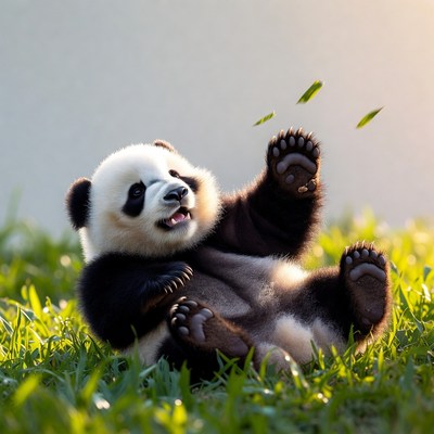 Panda playing on green grass