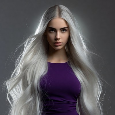 Model with long white hair poses in studio