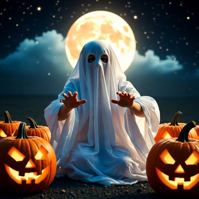 Child in ghost costume at night