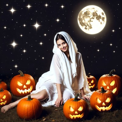 Halloween night with carved pumpkins