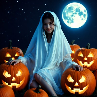 Girl in white dress with pumpkins