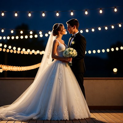 Couple shares moment at evening wedding