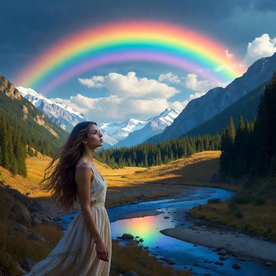 Woman standing near river with rainbow