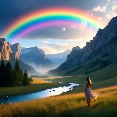 Woman stands under rainbow in mountain valley