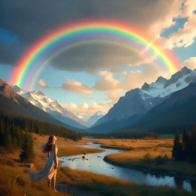 Woman stands by river with rainbow overhead