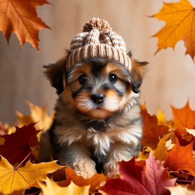 Puppy playing in autumn leaves