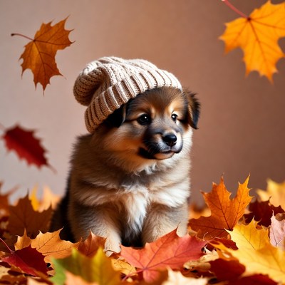 Puppy in autumn leaves with hat