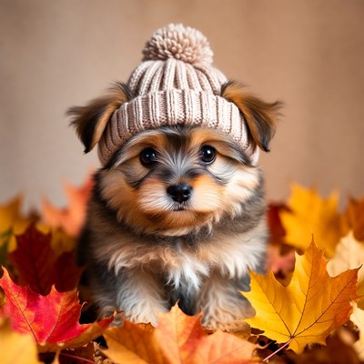 Puppy wearing a hat among autumn leaves