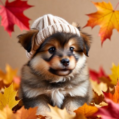 Dog with hat among autumn leaves