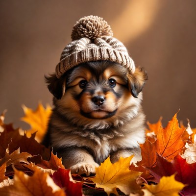 Puppy wearing hat in autumn leaves