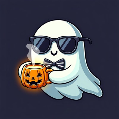 Ghost with pumpkin mug holding coffee