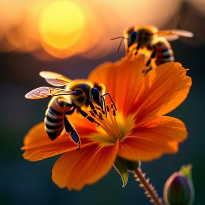 Bees gather nectar from flower