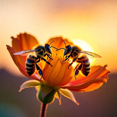 Bees collecting nectar at sunset