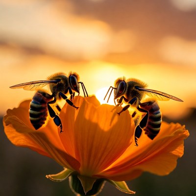 Bees gather pollen at sunset