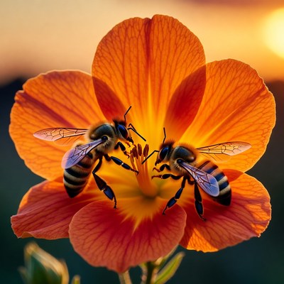 Bees collect pollen from flower