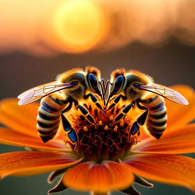 Bees pollinating a flower at sunset