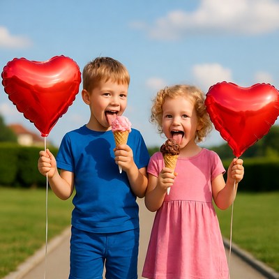 Kids with ice cream and balloons