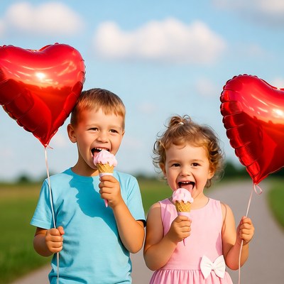 Kids enjoy ice cream with heart balloons