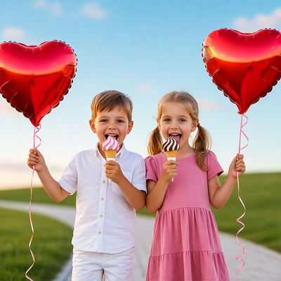 Kids enjoying ice cream and balloons