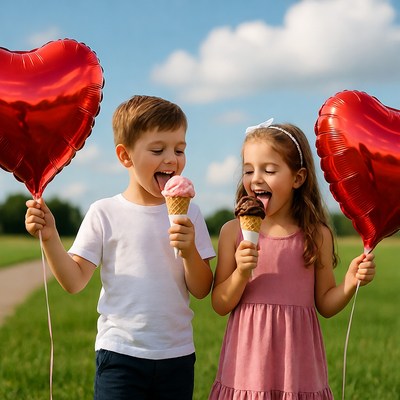 Kids enjoy ice cream with heart balloons