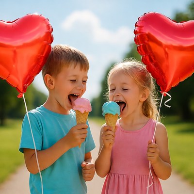 Kids enjoy ice cream with balloons