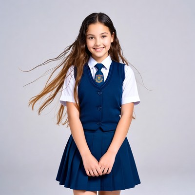Girl in school uniform smiling indoors