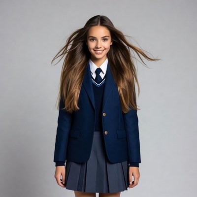 Student in school uniform poses for photo