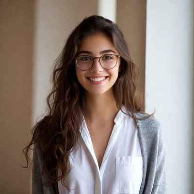 Smiling woman with glasses in indoor setting