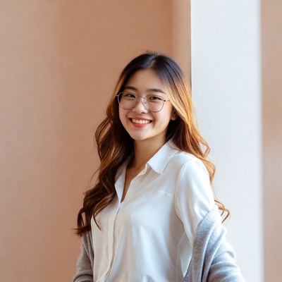 Young woman smiling indoors with glasses