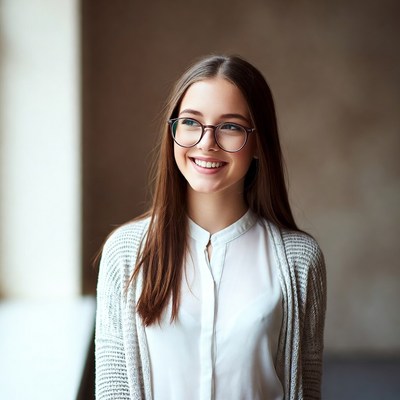 Young woman smiles indoors