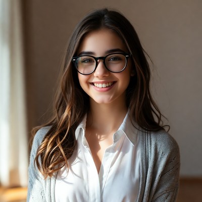 Smiling person in soft light indoors