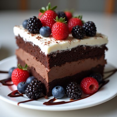 Chocolate dessert with berries and cream