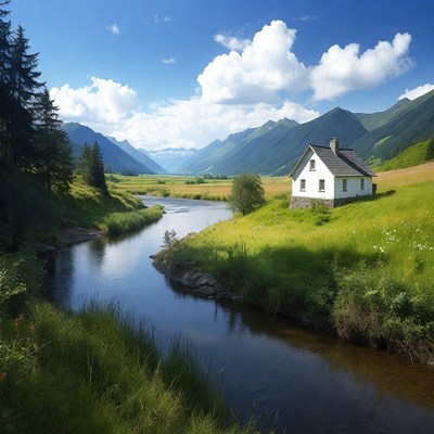 House by the river in the mountains