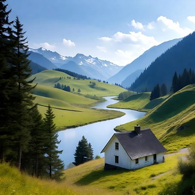 House by the river in mountains