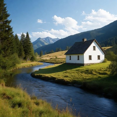 House by the mountain stream in nature