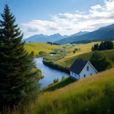 House by the river in mountains