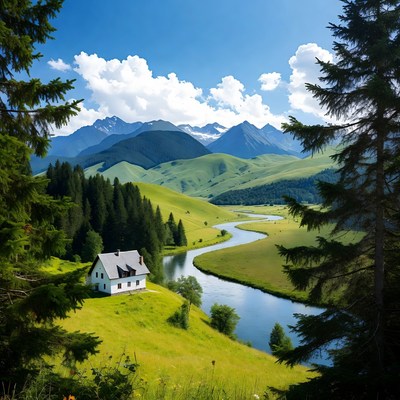 Mountains and river near house