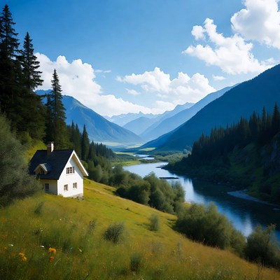 House by river in mountain valley