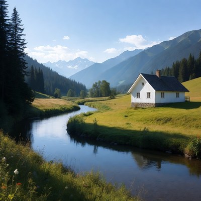 House by the river in mountains